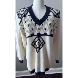 Vintage IB Diffusion Fair Isle Sweater Ivory Navy Gold Lurex V Neck M
